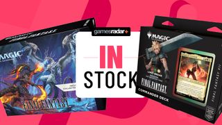 MTG Final Fantasy Bundle: Gift Edition and Limit Break Commander deck box on either side of a 'in stock' GamesRadar+ badge, all against a pink background