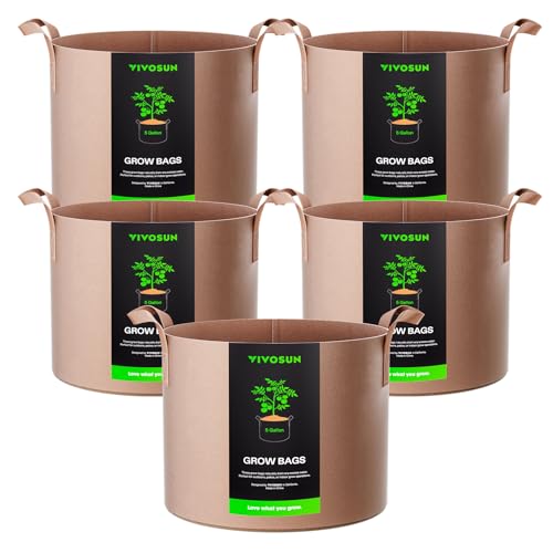 Vivosun 5-Pack 5 Gallons Grow Bags Heavy Duty Thickened Nonwoven Fabric Pots With Strap Handles Tan