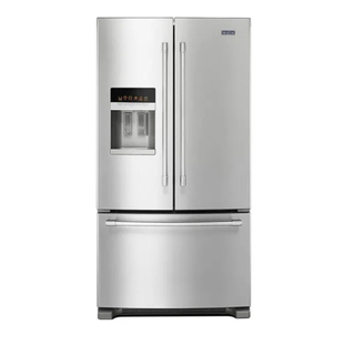 A stainless steel Maytag refrigerator with three doors