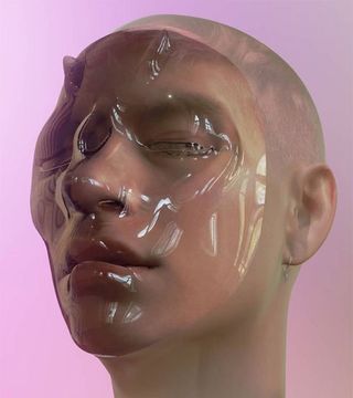 Alpha skin instagram filter showing digital face covered in gloss-like mask against pink background