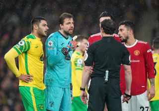 Norwich City goalkeeper Tim Krul appeals to referee Darren England during the Premier League match at Carrow Road, Norwich. Picture date: Saturday December 11, 2021