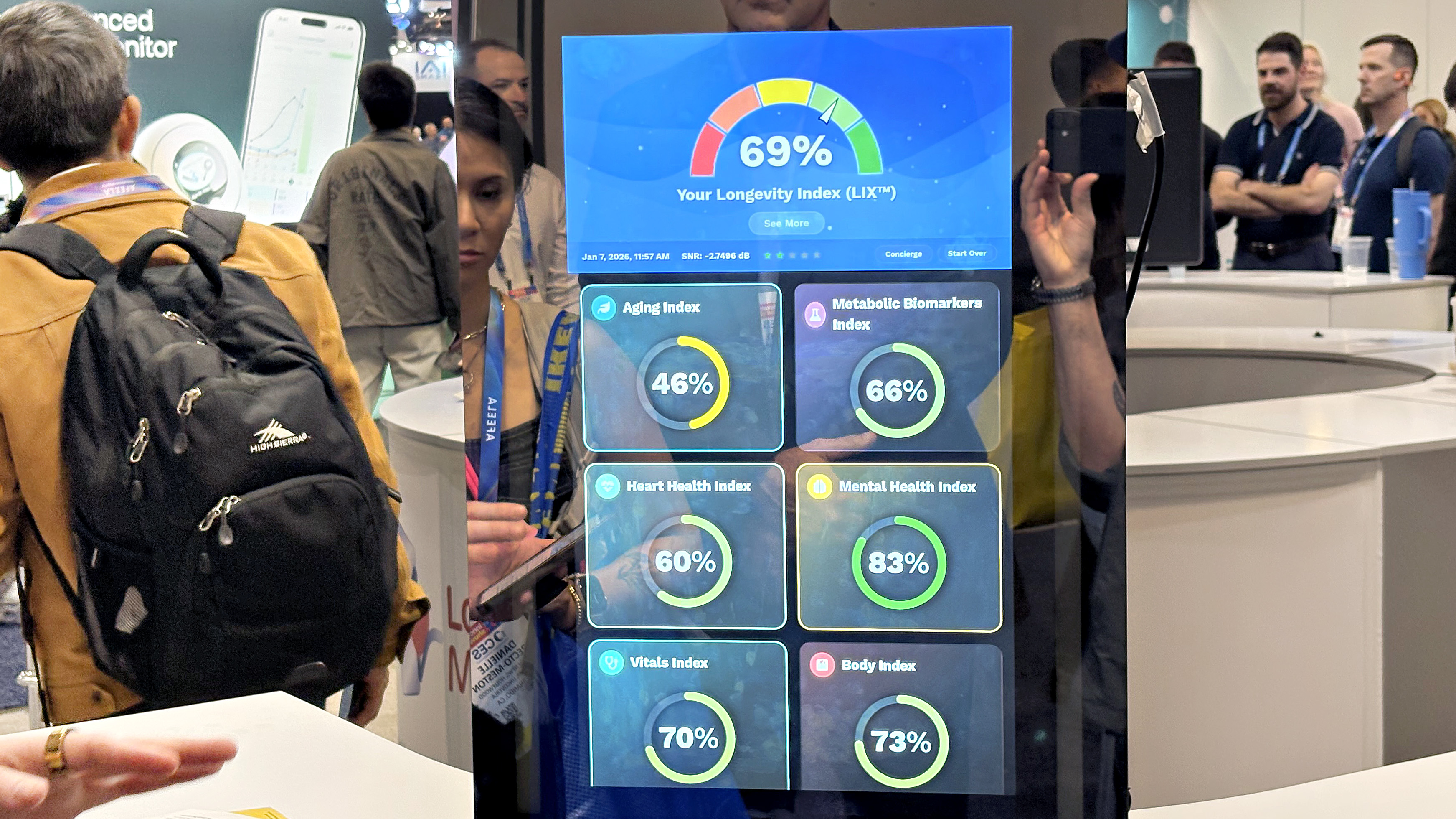 A close-up demo of the Nuraxlogix Longevity Mirror at CES 2026