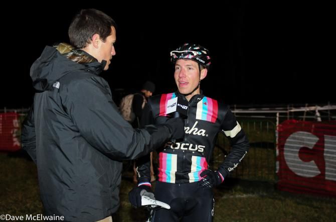 Jeremy Powers (Rapha Focus) is interviewed after his win tonight