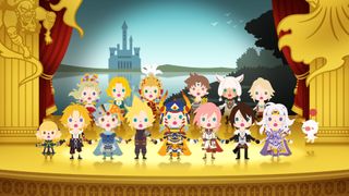 A screen shot of one of the best 3DS games, Theatrhythm Final Fantasy: Curtain Call, with the characters holding hands and singing on a stage.