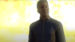 The Super Earth Spokesperson in Helldivers 2 looks very confused as a massive explosion rocks the earth behind him.