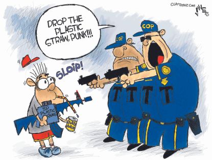 Political cartoon U.S. 3D printing plastic straw ban guns police