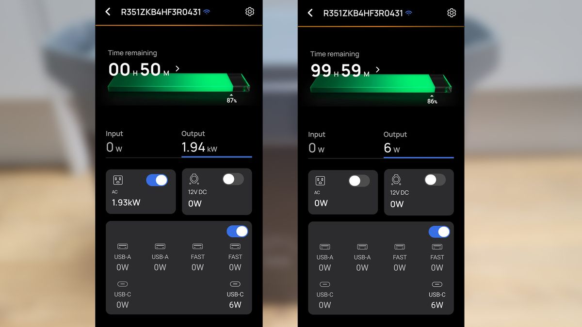 Screenshots from the EcoFlow app showing output levels changing depending on what's plugged in