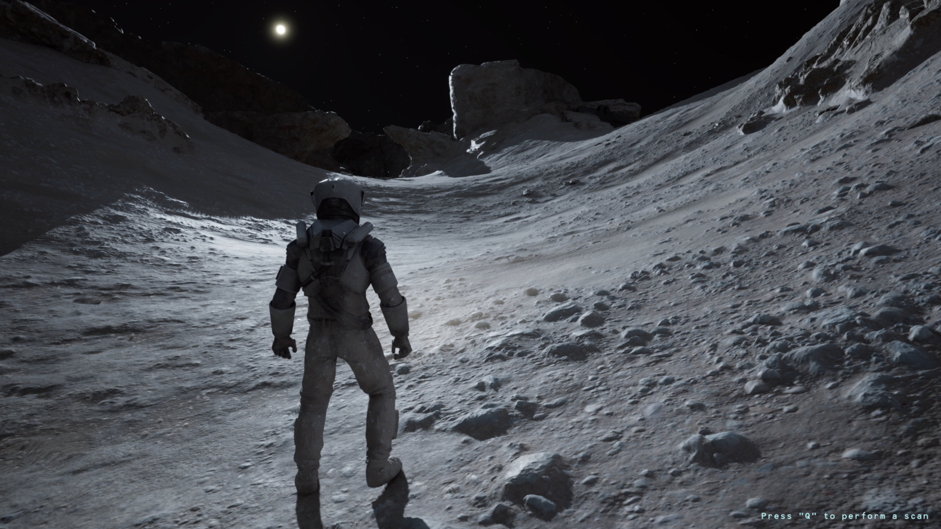 Screenshot from the video game Lunar Strike. An astronaut is exploring the Moon.