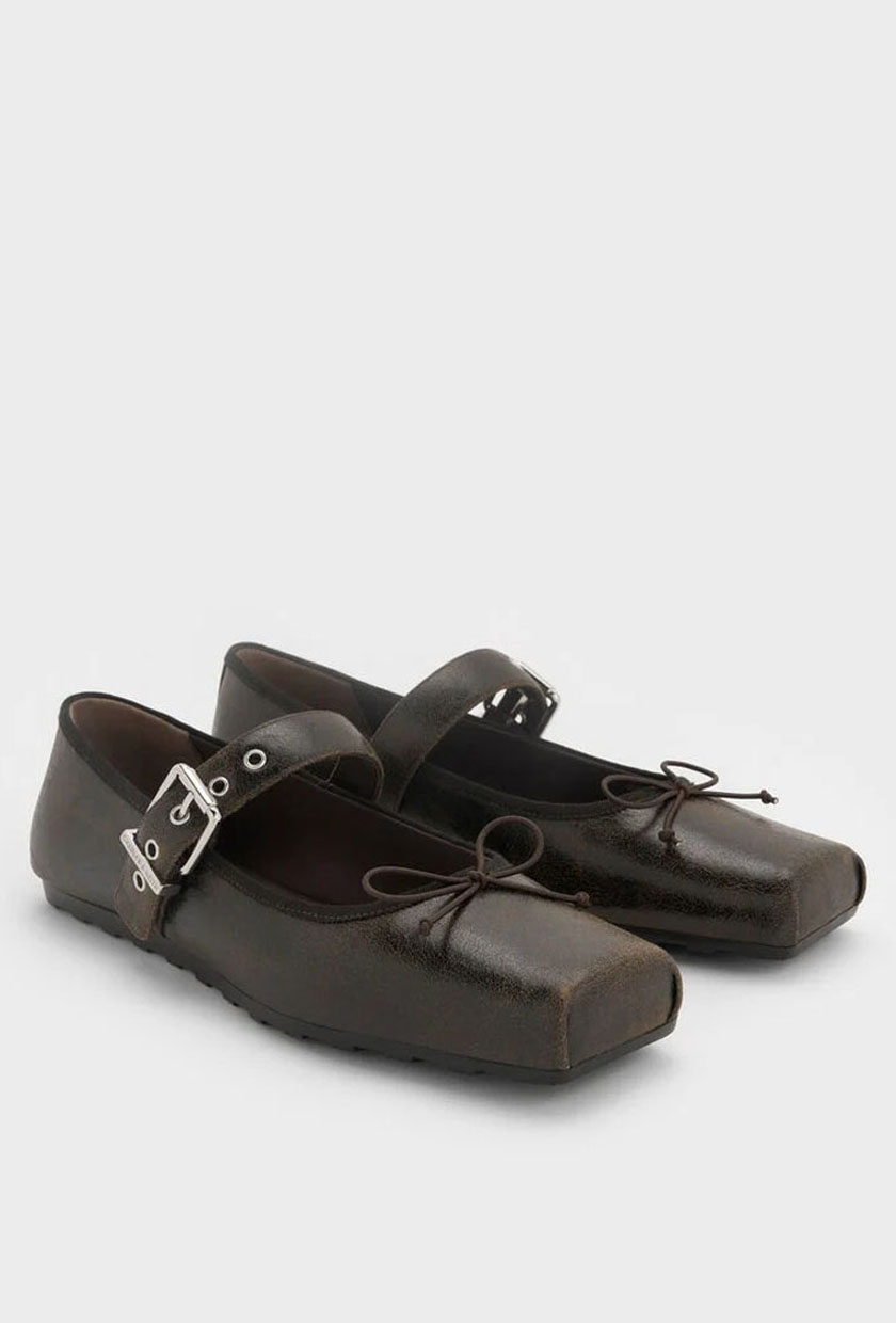 Charles &amp;amp; Keith, Myler Crinkle-Effect Bow Square-Toe Buckled Mary Janes