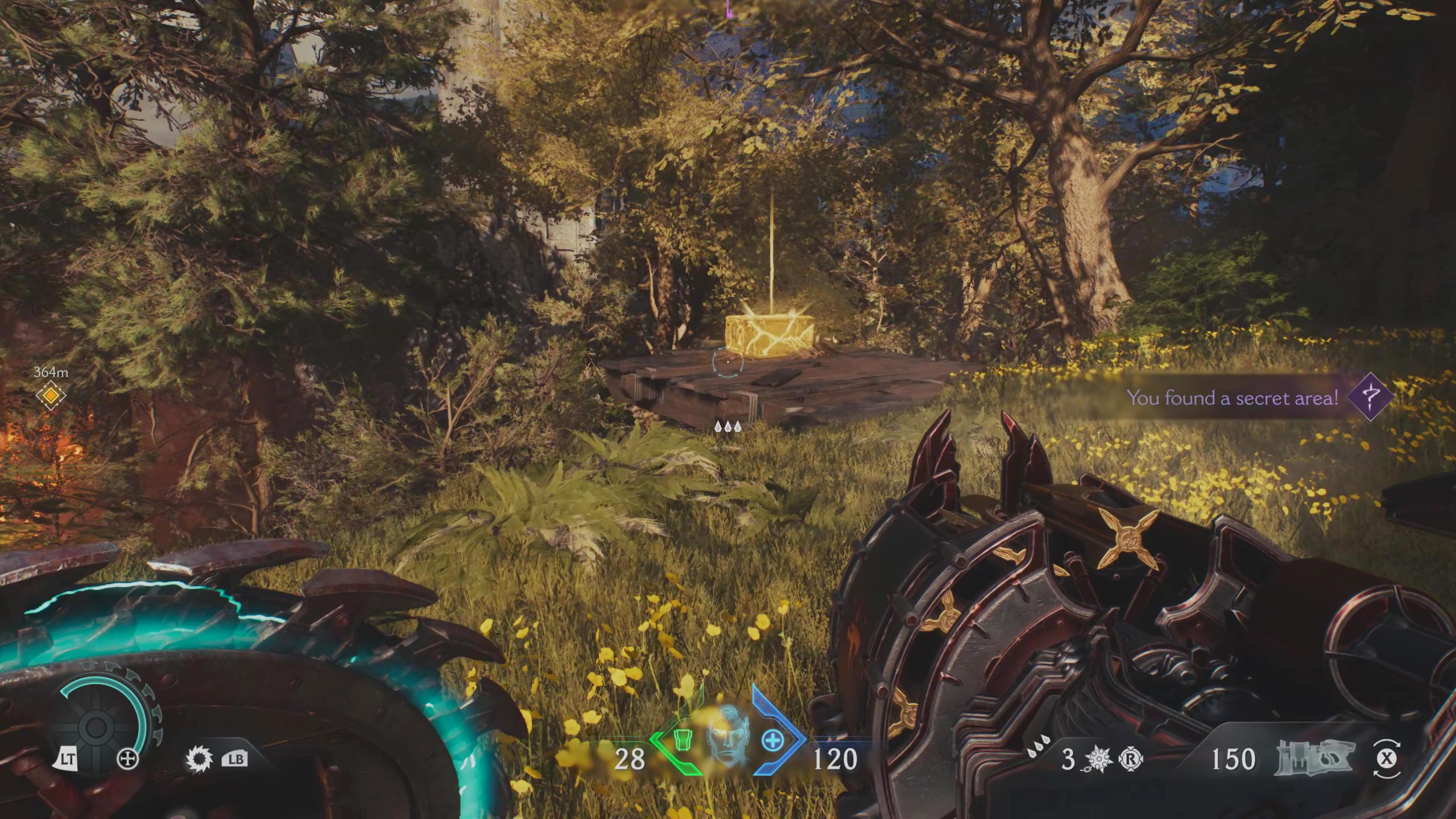Doom: The Dark Ages Siege Part 1 secrets - A gold chest on a wooden platform overlooking a path covered in trees.