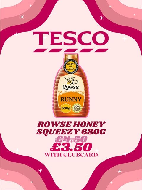 A bottle of Rowse Honey with the price both with and without a Tesco Clubcard.