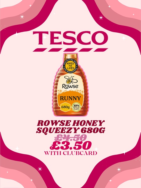 A bottle of Rowse Honey with the price both with and without a Tesco Clubcard.