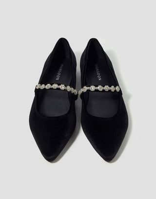 Elia Diamante Strap Velvet Ballet Flats Black