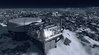 Starfield outposts - a view of a sci fi outpost on a snowy and rocky alien planet