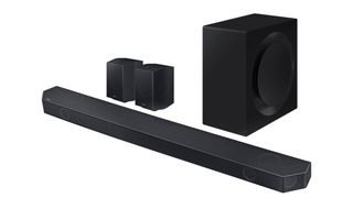 The Samsung HW-Q990C sounbar with two dinky reaer speakers and a large imposing subwoofer