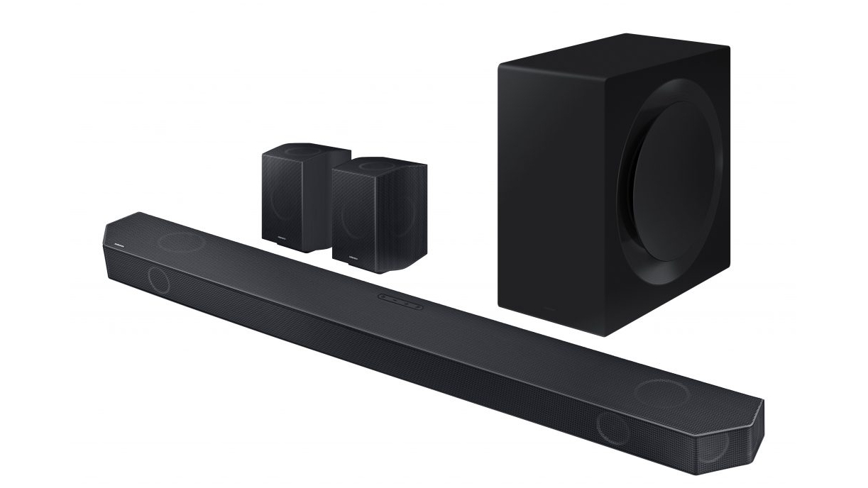 Samsung HW-Q990C soundbar with two small rear speakers and a large impressive subwoofer