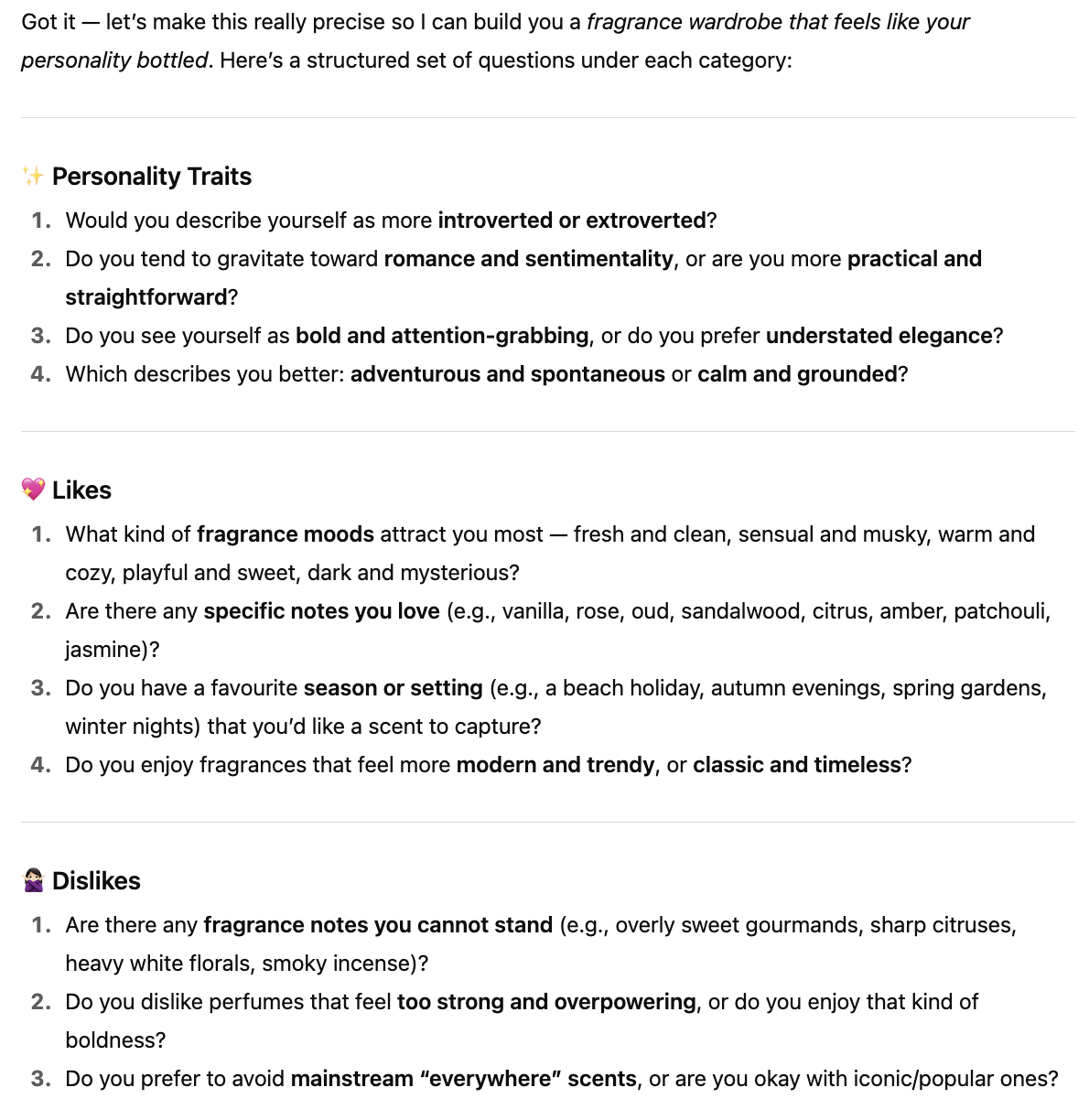 Screenshot taken from ChatGPT showcasing a prompt asking for perfume recommendations