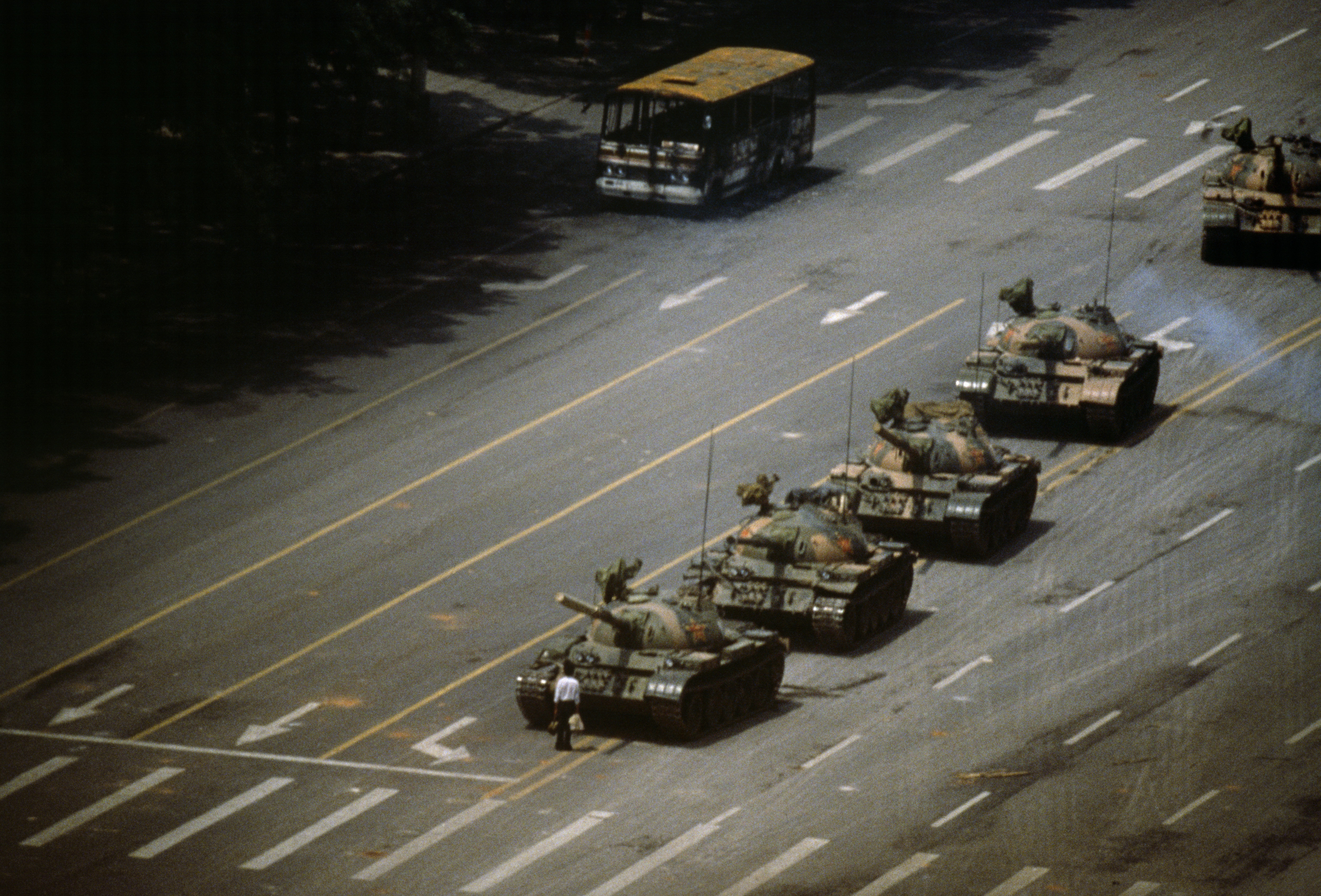 Tienanmen Square. ‘The Tank Man' stopping the column of T59 tanks, by Stuart Franklin, 4th June 1989. Beijing, China