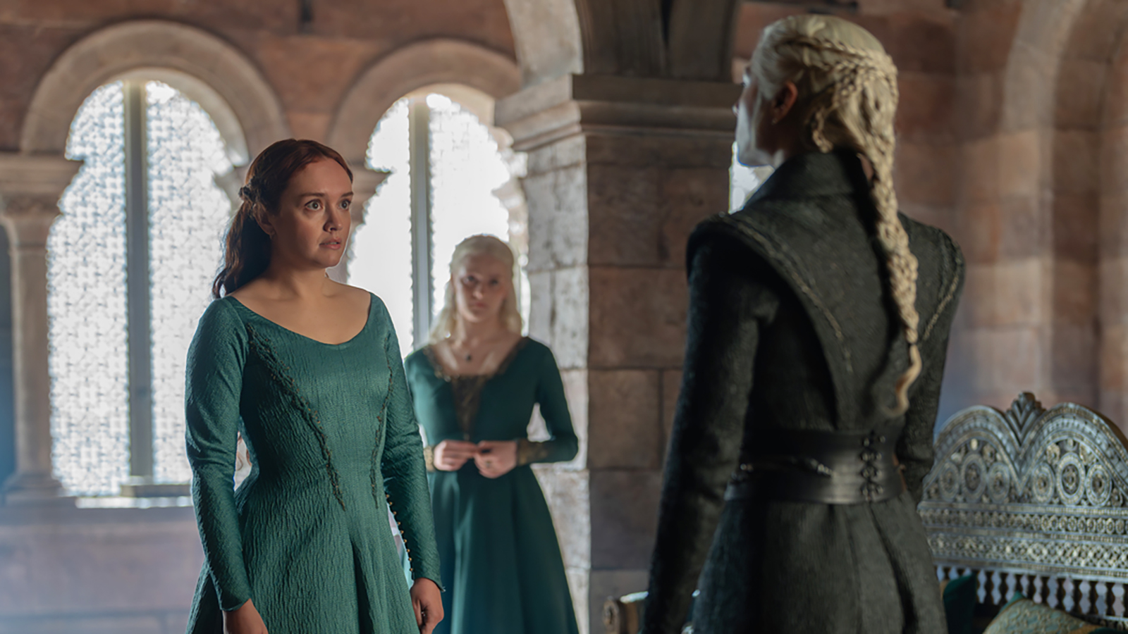Alicent looking at Rhaenyra as Halaena watches on in House of the Dragon season 3 episode 3