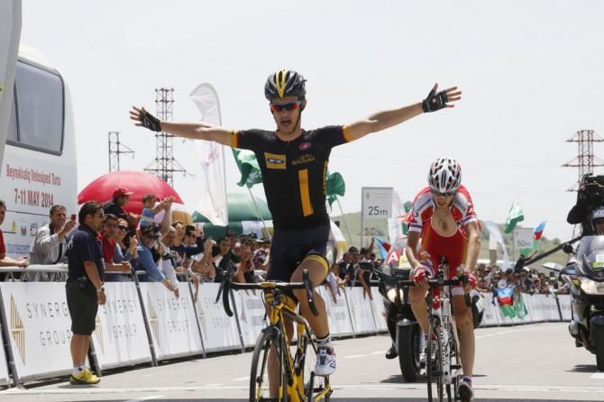 Linus Gerdemann (MTN-Qhubeka) celebrates the stage win ahead of Ilnur Zakarin (RusVelo)