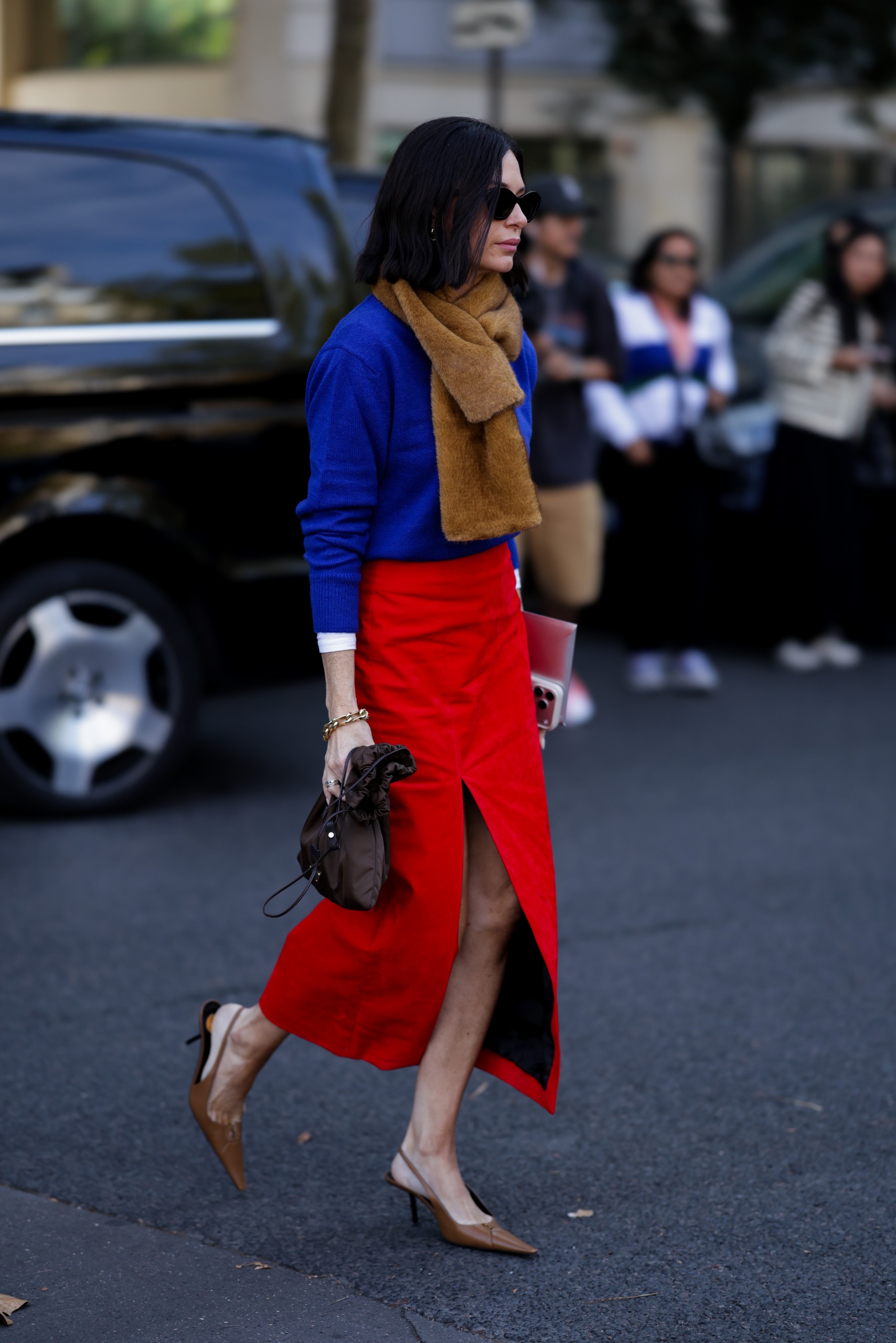 a French girl wearing the cobalt blue color trend at Paris Fashion Week 2026