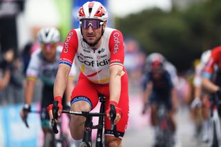 TERMOLI ITALY MAY 14 Elia Viviani of Italy and Team Cofidis at arrival during the 104th Giro dItalia 2021 Stage 7 a 181km stage from Notaresco to Termoli girodiitalia Giro on May 14 2021 in Termoli Italy Photo by Tim de WaeleGetty Images