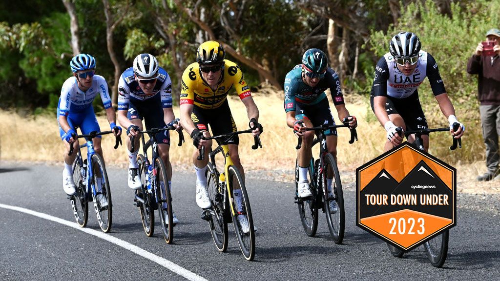 VICTOR HARBOR AUSTRALIA JANUARY 19 Simon Yates of United Kingdom and Team Jayco Alula Mauro Schmid of Switzerland and Team Soudal QuickStep Rohan Dennis of Australia and Team JumboVisma Jay Vine of Australia and UAE Team Emirates and Jai Hindley of Australia and Team Bora Hansgrohe compete in the breakaway during the 23rd Santos Tour Down Under 2023 Stage 2 a 1548km stage from Brighton to Victor Harbor TourDownUnder WorldTour on January 19 2023 in Victor Harbor Australia Photo by Tim de WaeleGetty Images