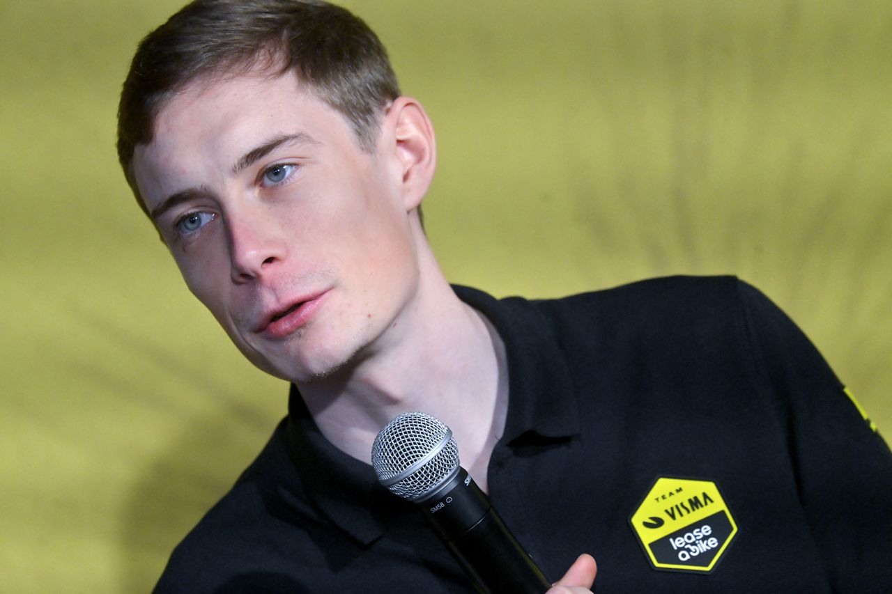 Jonas Vingegaard speaks at the Visma-Lease a Bike team launch, Spain, January 2026