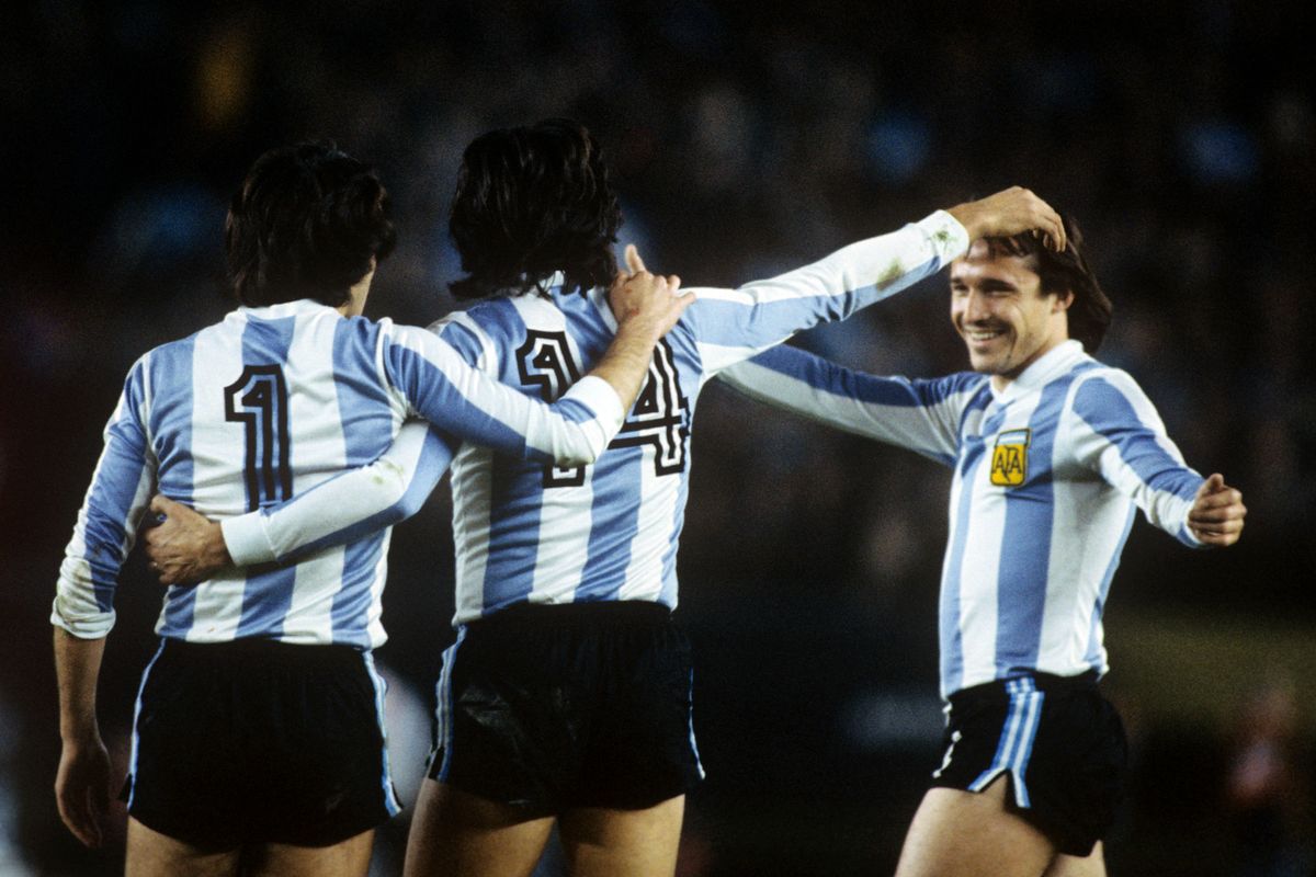 Argentina players celebrate a goal against Hungary during the group stage of the 1978 World Cup in Argentina