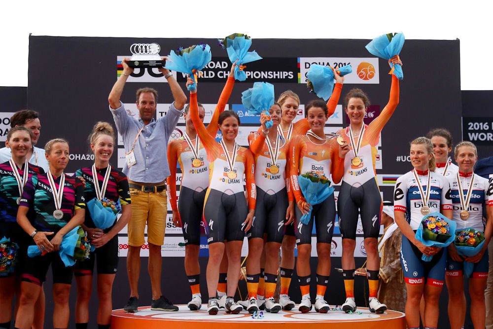 Boels Dolmans celebrate in the Worlds TTT podium