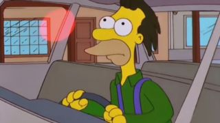 Lenny from The Simpsons driving a car and looking up.