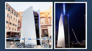 A shot of two giant PlayStation 5 console statues in various cities