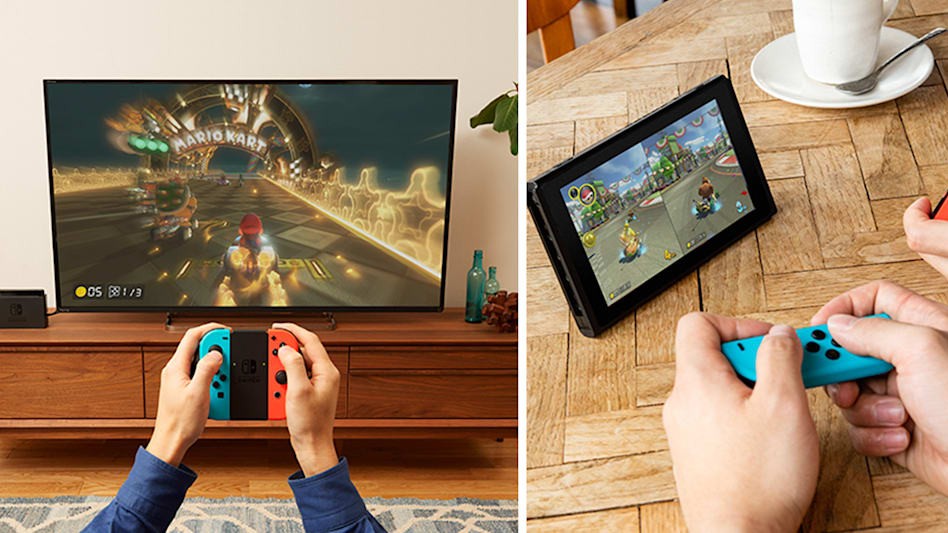 Two images of people playing Nintendo Switch games