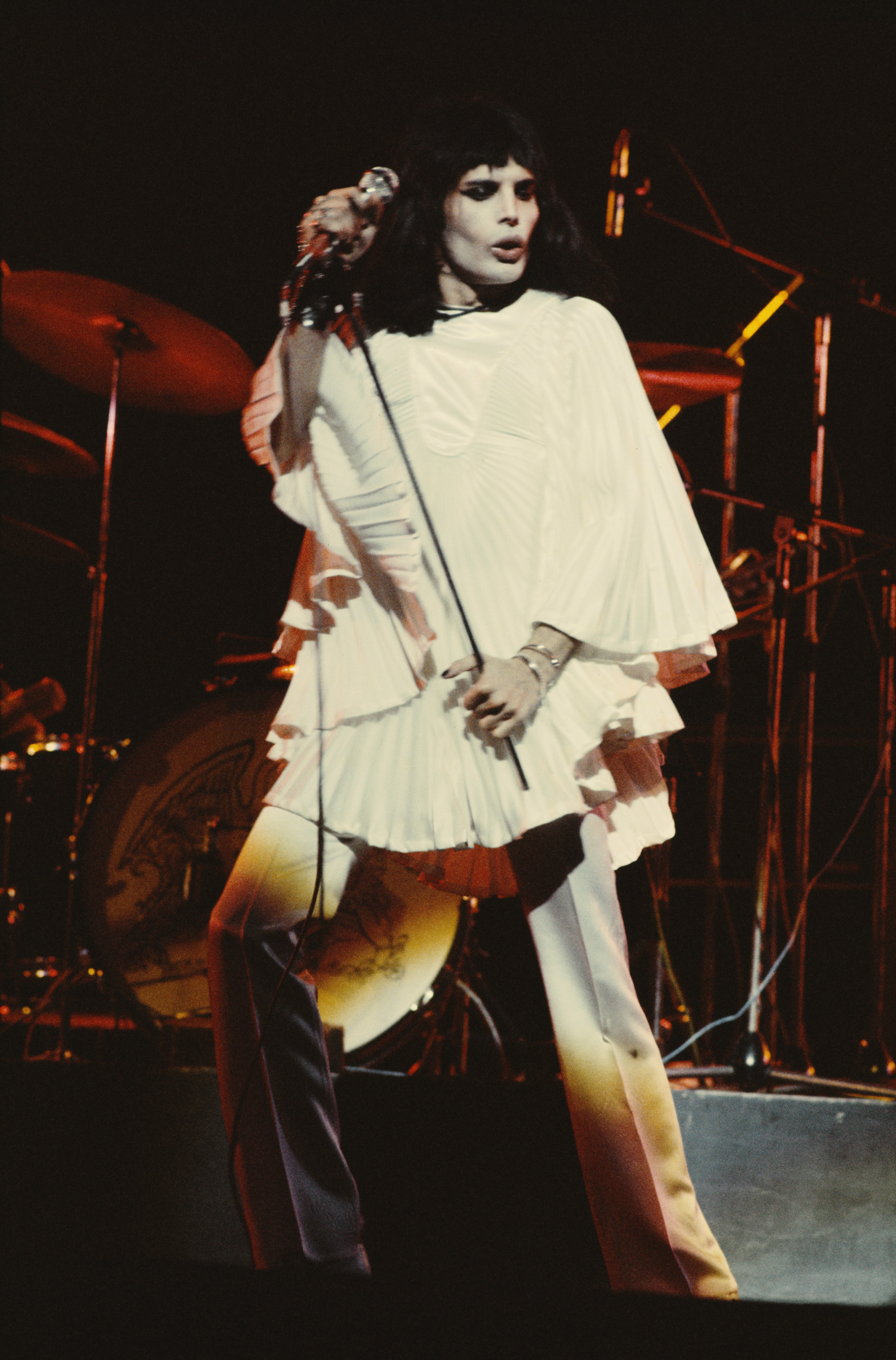 Freddie Mercury performing onstage in a Zandra Rhodes costume