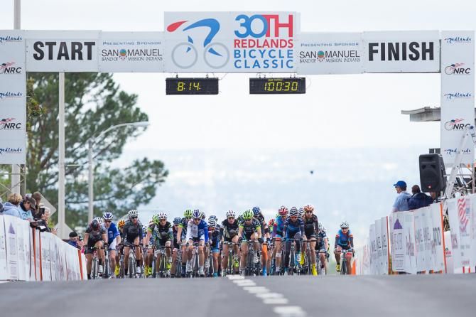 The peloton rolls through start/finish