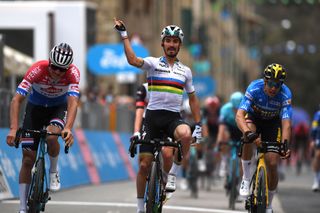 Julian Alaphilippe (Deceuninck-QuickStep) celebrates his win on stage 2 of Tirreno-Adriatico