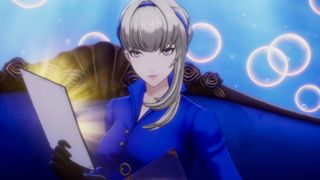 Merope holding a glowing golden piece of paper in Persona 5: The Phantom X.