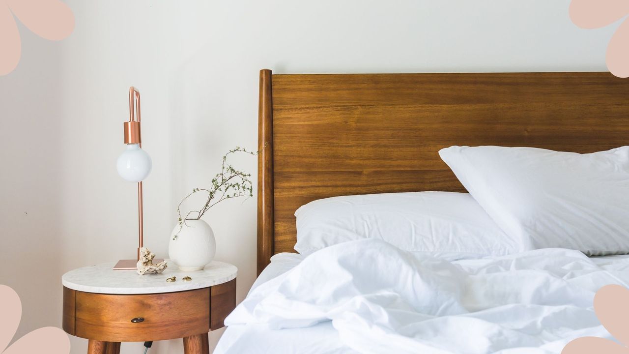 picture of neutral bedroom with white bedding, wooden bed to support anti-allergy sleep hacks 