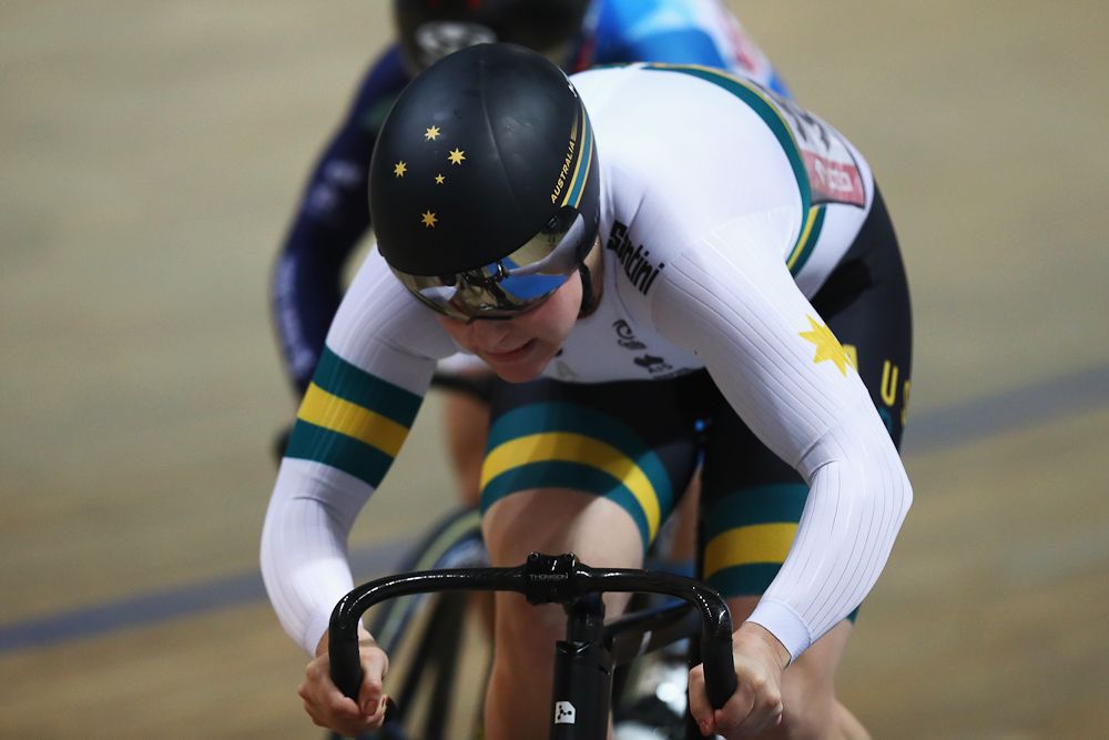 Stephanie Morton of Australia and Lee Wai Sze of Hong Kong compete in the Women's sprint Gold Medal Final on day three of the UCI Track Cycling World Championships