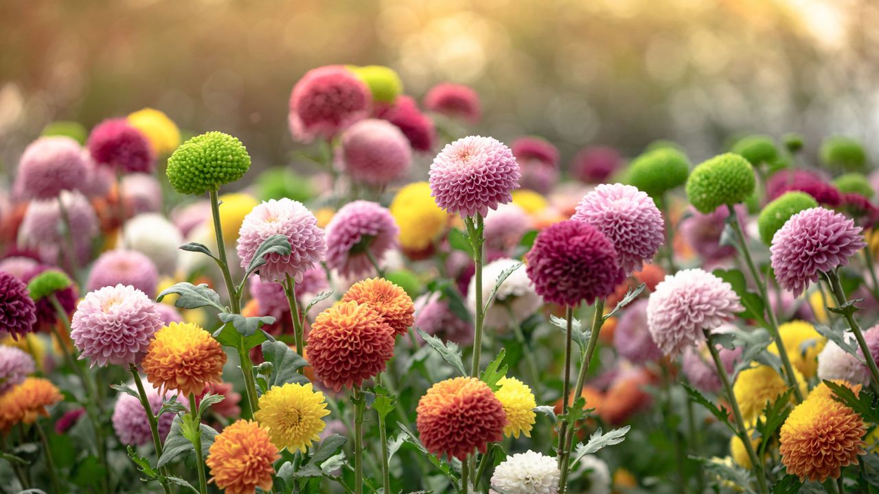 A collection of light pink, dark pink, orange, yellow, and green mums in a field, with sunlight behind them