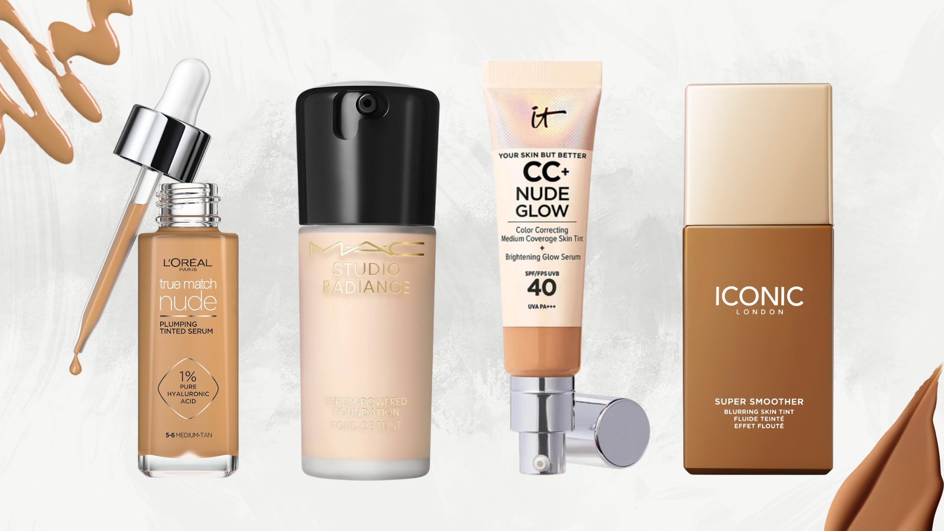 Lineup of the best serum foundations (L-R) from L'Oreal, MAC, IT Cosmetics and Iconic London, on a white marble background with foundation swatches