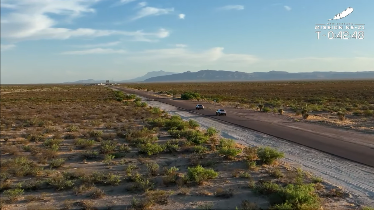 Blue Origin astronauts drive out to the launch pad for flight on June 4, 2022.