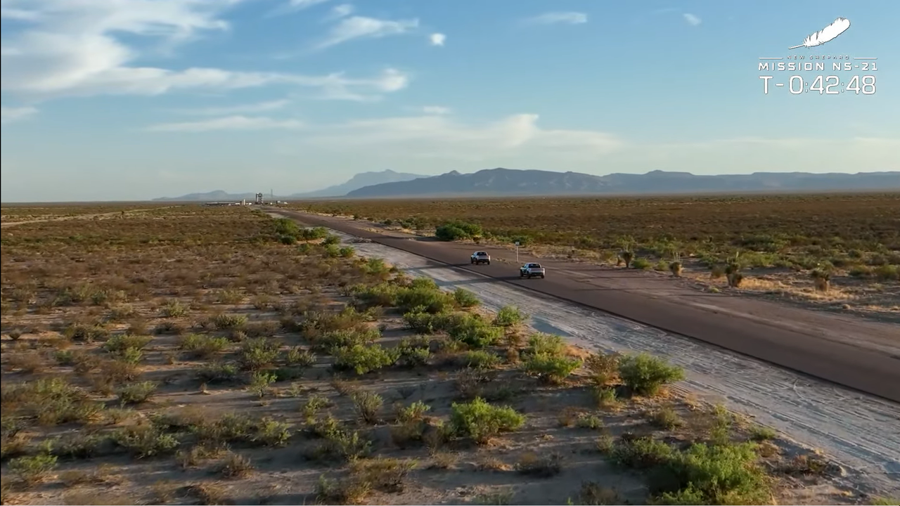 Blue Origin astronauts drive out to the launch pad for flight on June 4, 2022.