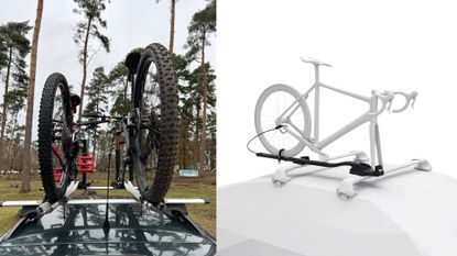The Thule Fastride bike mount rack in use with two mountain bikes on the left and with a white bike animation on the right 