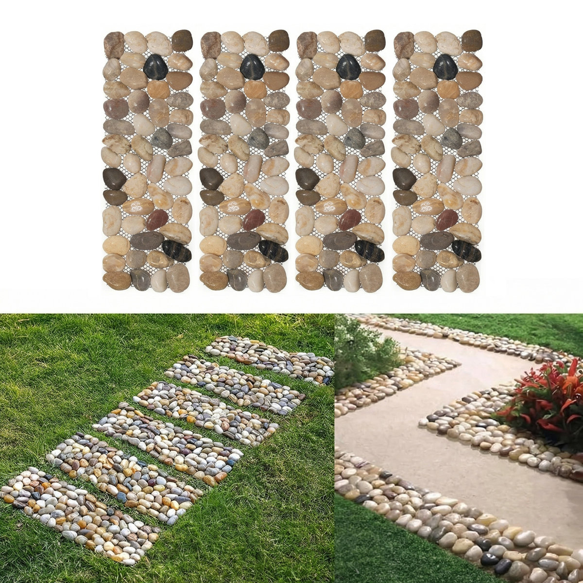 Gardenised Natural River Pebble Stone Stepping Pavers With Mesh Backing Smooth Tumbled Border Tile for Garden Walkways Patio Paths Outdoor Landscaping &amp;amp; Decorative Ground Cover 4 X 12 Inch, Set of 4 | Wayfair