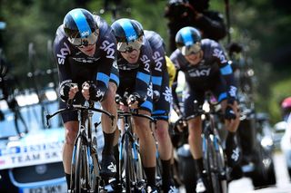 Chris Froome leads the Sky train in the Dauphine team time trial.
