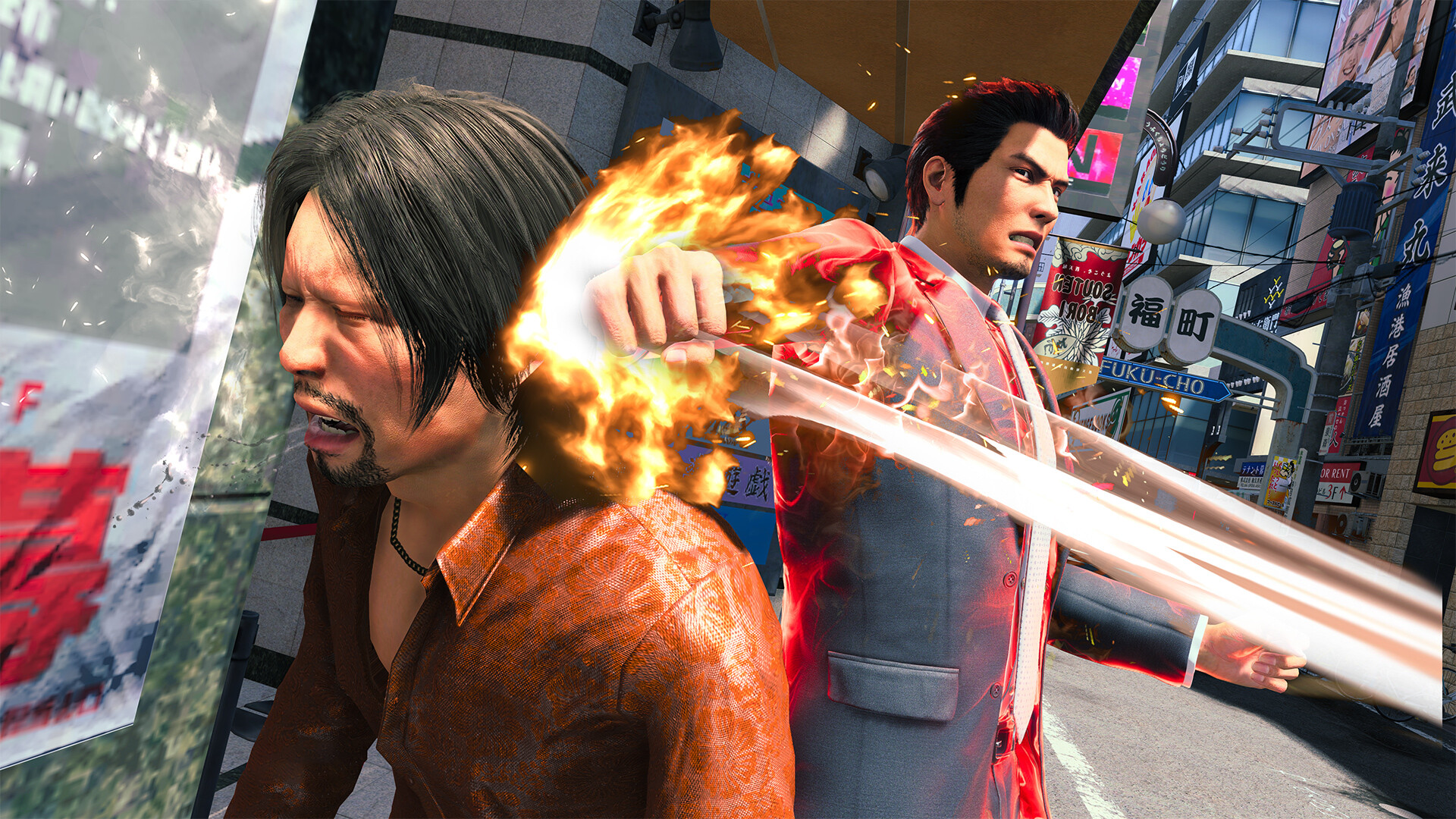 Kiryu strikes an enemy with a fire punch attack