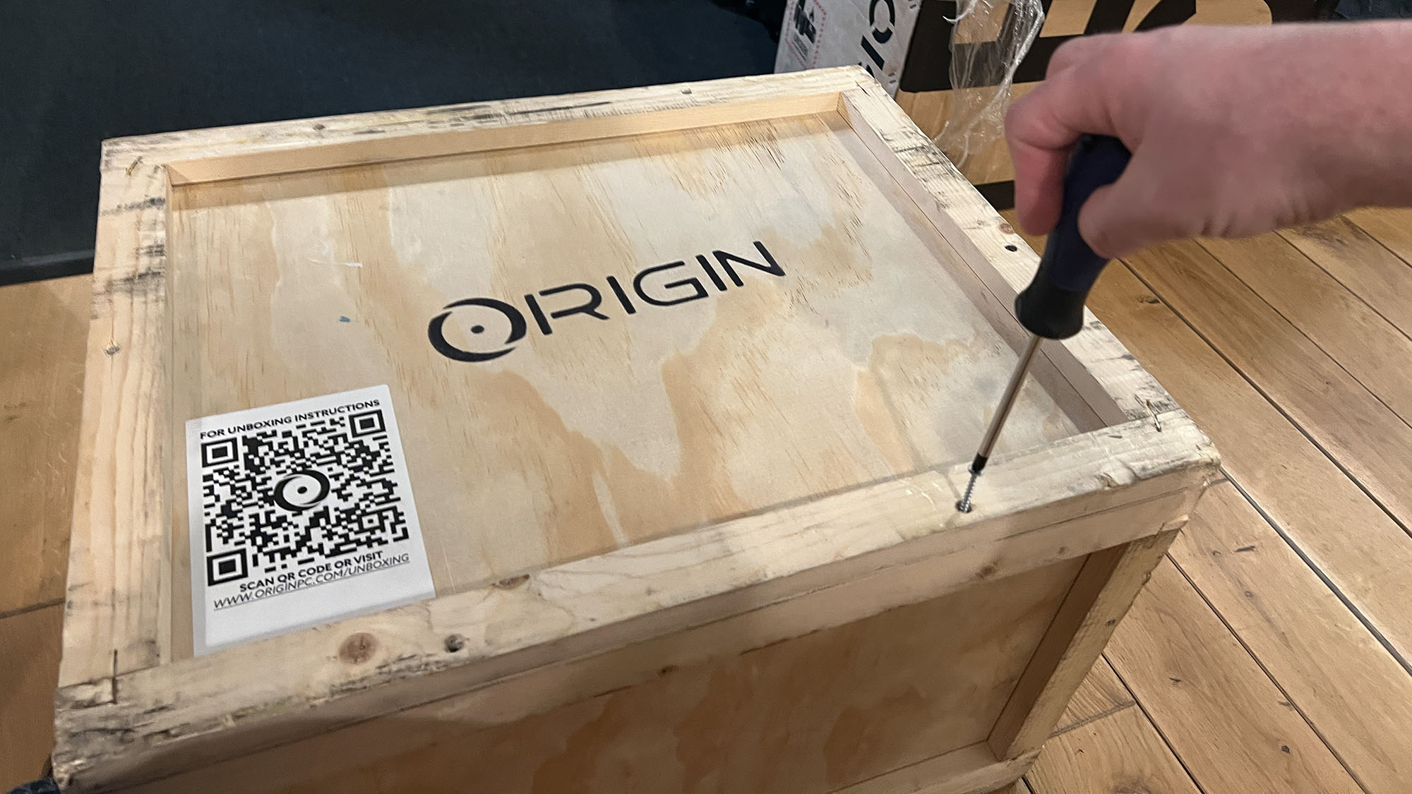 A Origin Chronos V3 gaming PC shipping crate