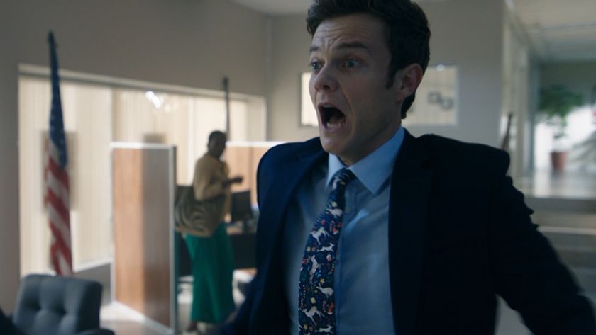 Jack Quaid looking terrified during the bank robbery in Novocaine