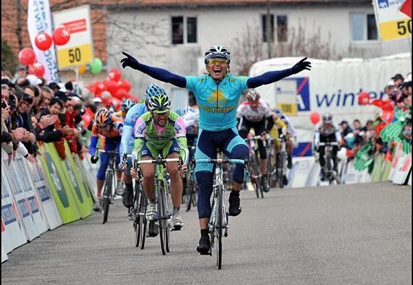 Maxim Iglinsky (Astana ) takes stage 1 in wet conditions.